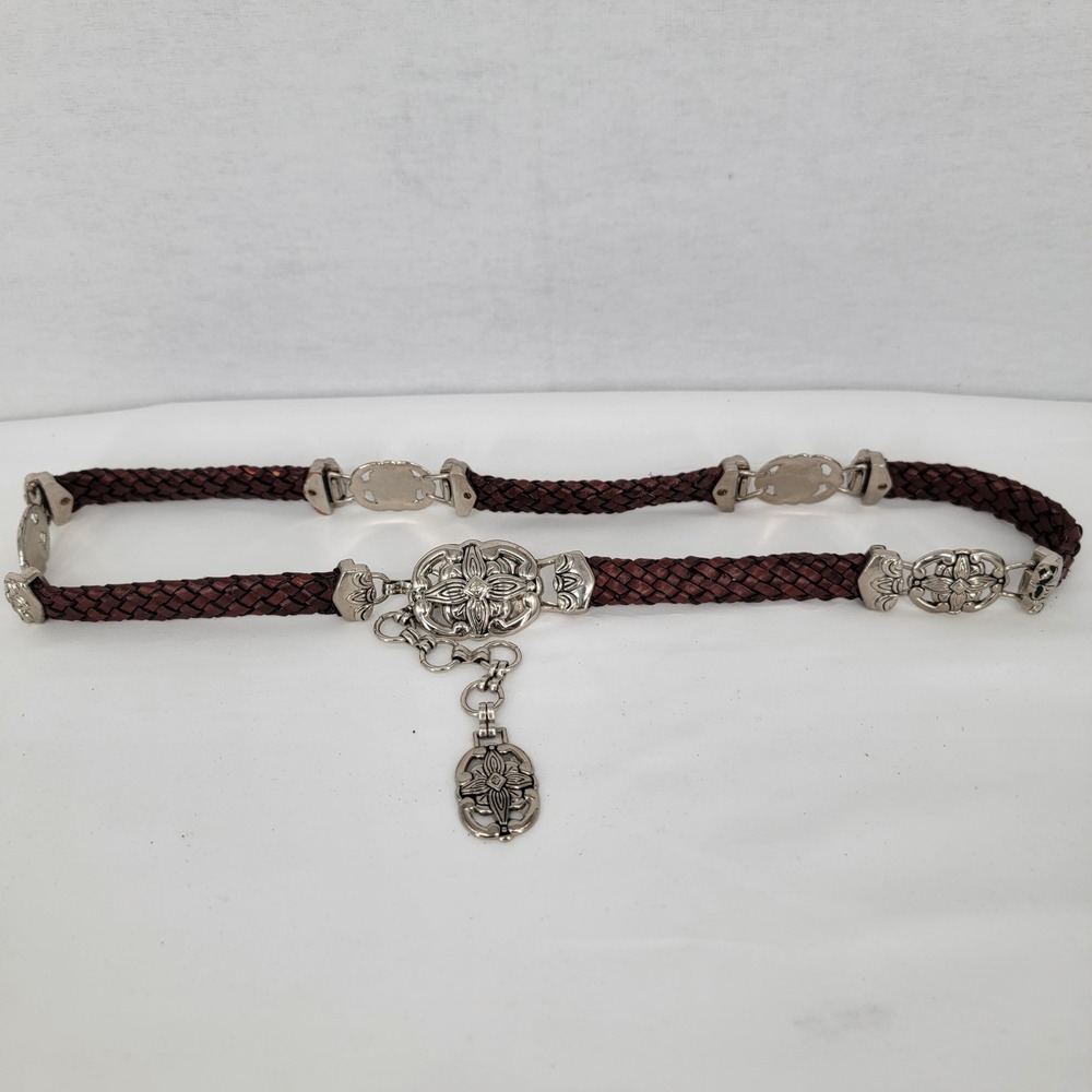 Womens Braided Leather Sterling Silver Floral Medallion Chain Belt Brown S/M
